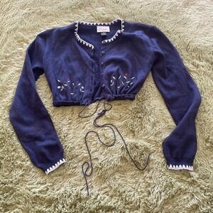 Girl Star Cardigan Women's Size M Blue‎ Embroidered Floral Cropped Sweater